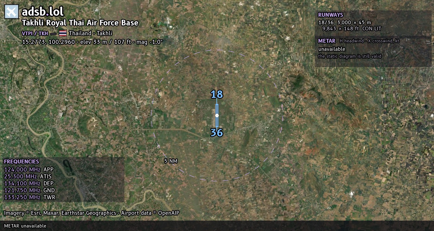 Satellite map with the runway layout of Takhli Royal Thai Air Force Base (VTPI)