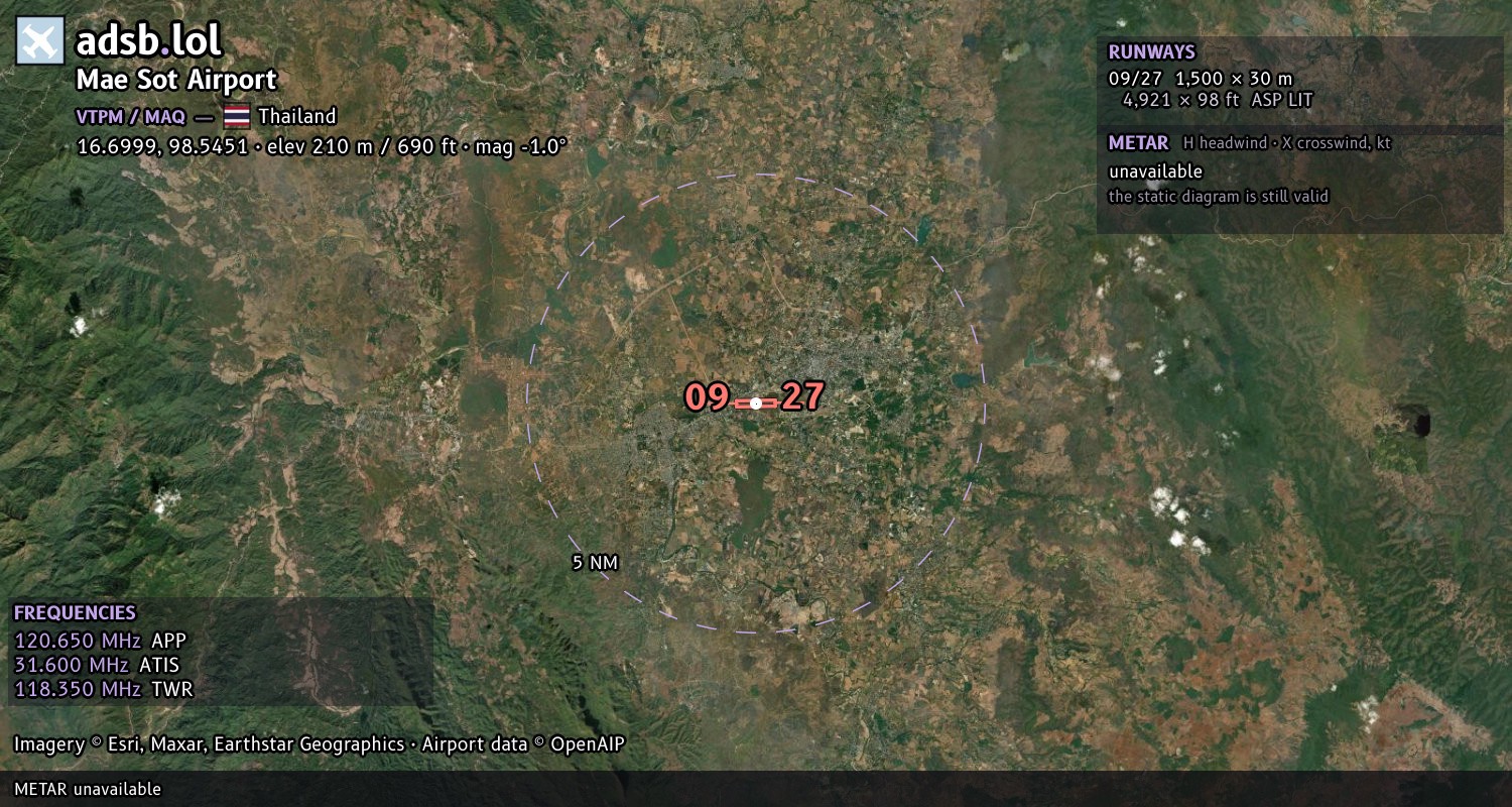 Satellite map with the runway layout of Mae Sot Airport (VTPM)