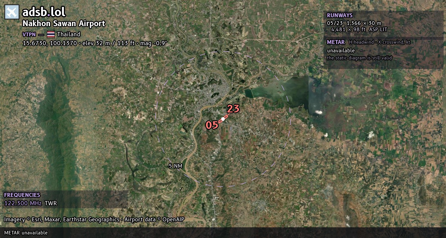 Satellite map with the runway layout of Nakhon Sawan Airport (VTPN)