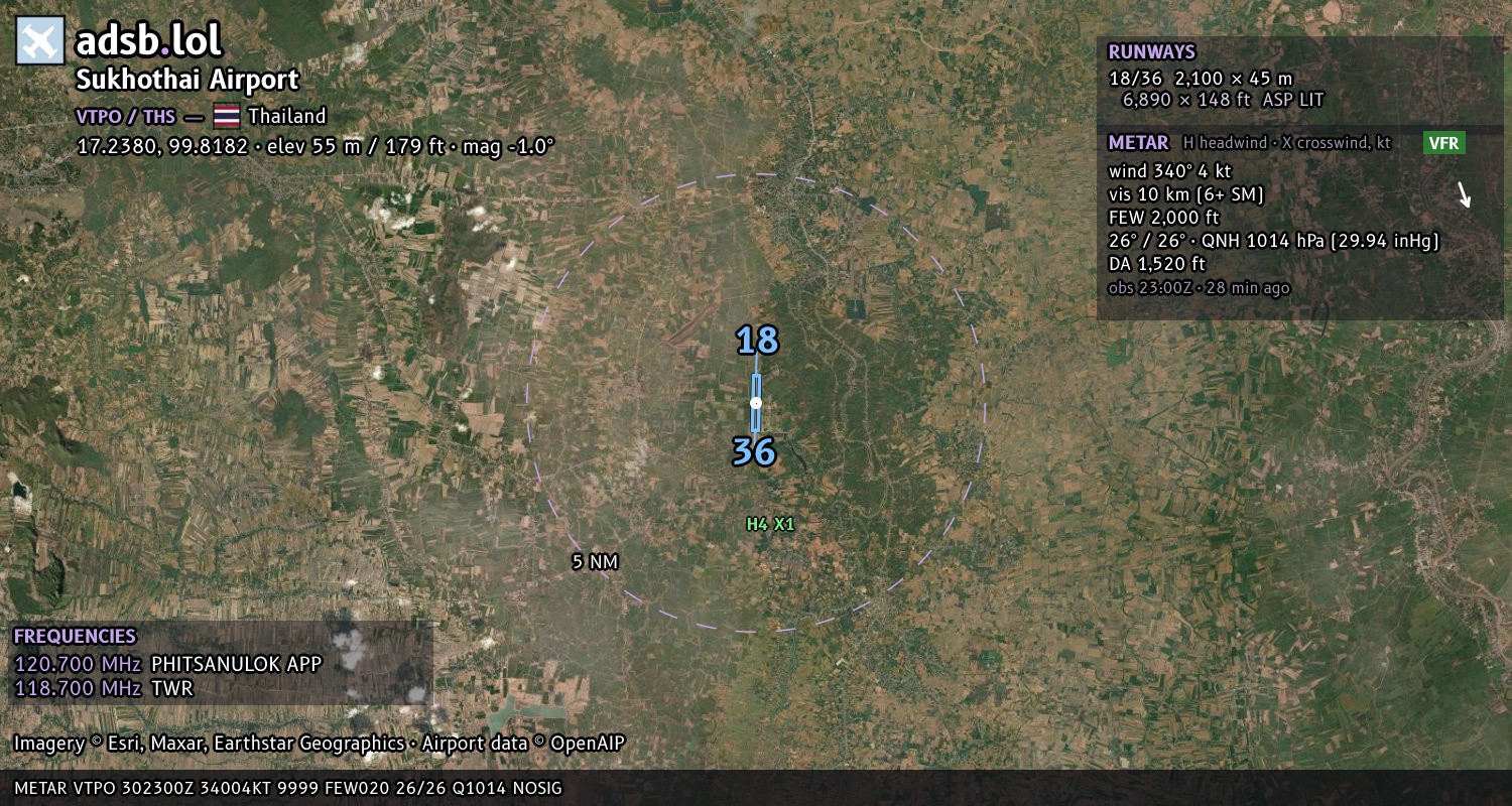 Satellite map with the runway layout of Sukhothai Airport (VTPO)