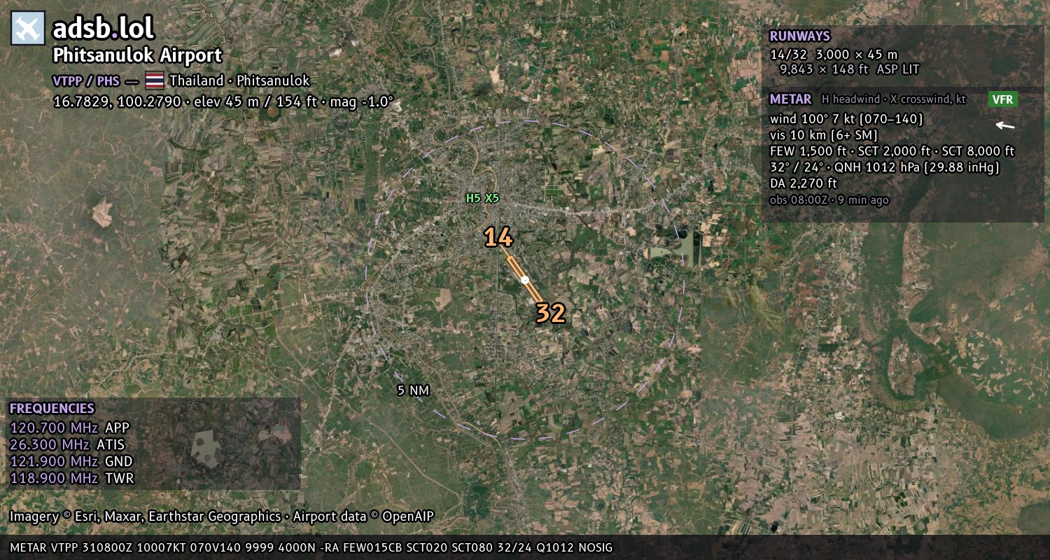 Satellite map with the runway layout of Phitsanulok Airport (VTPP)