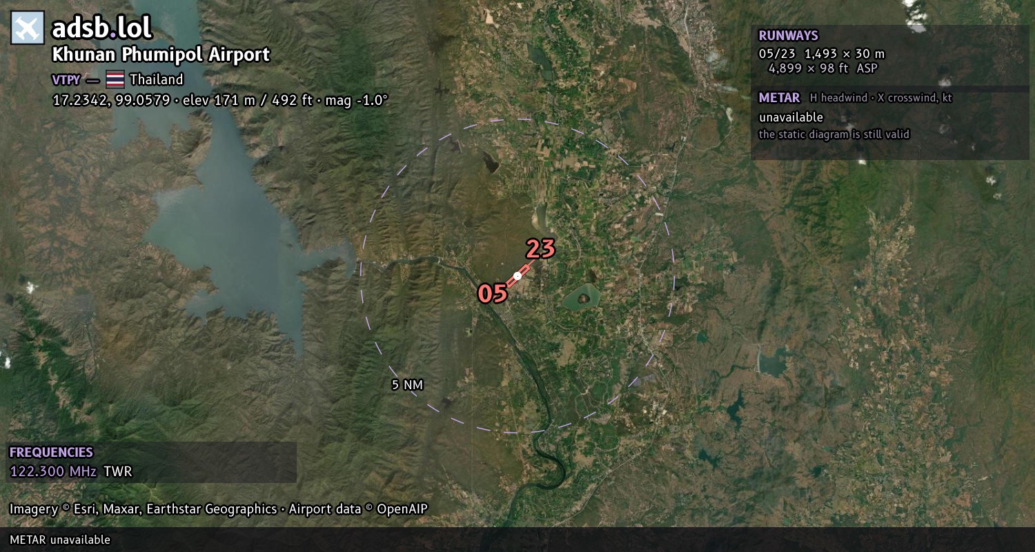 Satellite map with the runway layout of Khunan Phumipol Airport (VTPY)