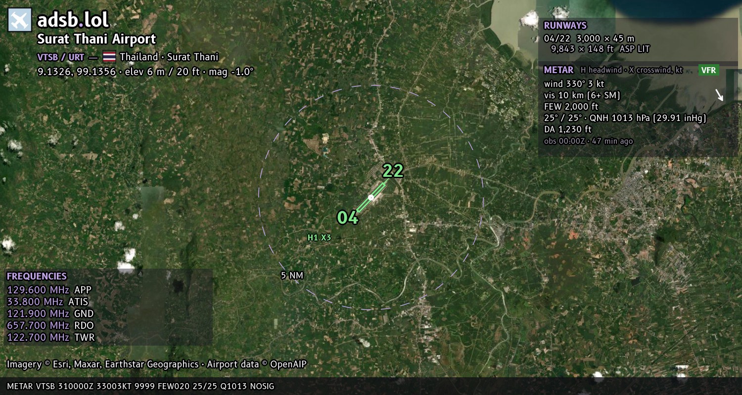 Satellite map with the runway layout of Surat Thani Airport (VTSB)