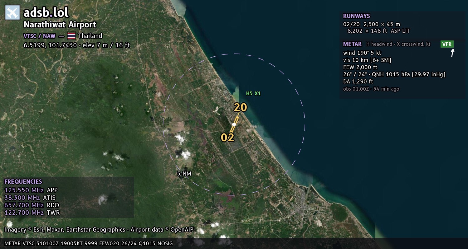 Satellite map with the runway layout of Narathiwat Airport (VTSC)