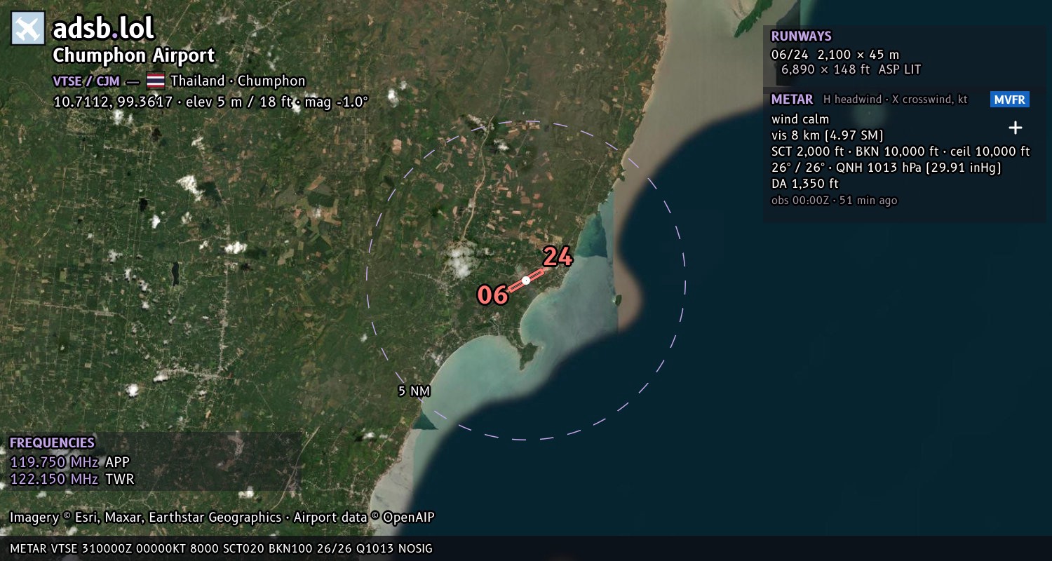 Satellite map with the runway layout of Chumphon Airport (VTSE)