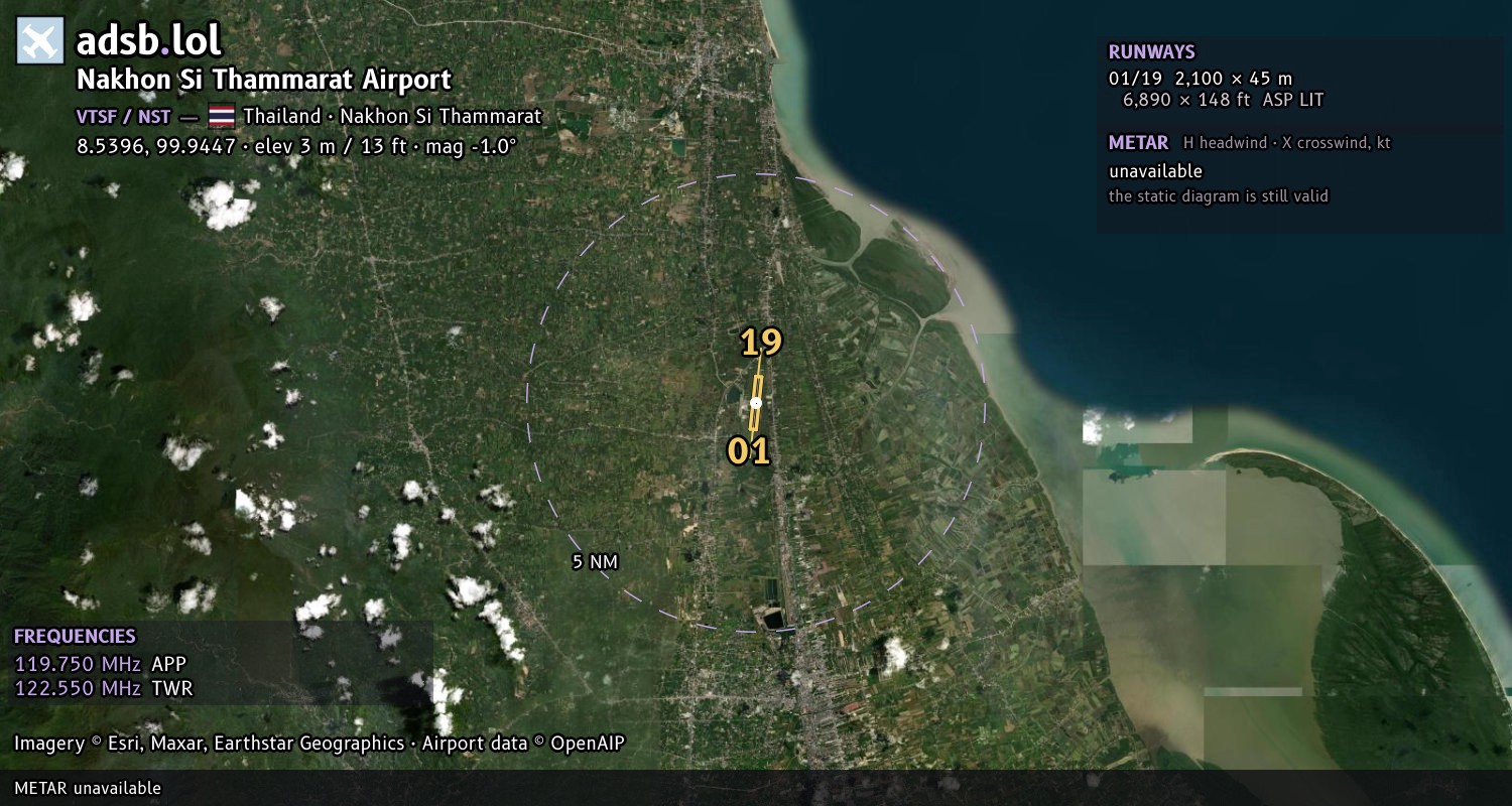 Satellite map with the runway layout of Nakhon Si Thammarat Airport (VTSF)