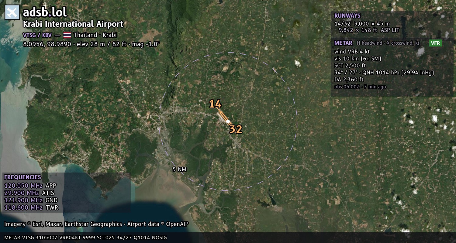 Satellite map with the runway layout of Krabi International Airport (VTSG)