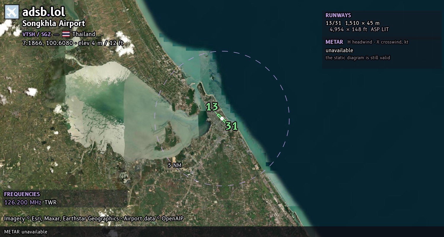 Satellite map with the runway layout of Songkhla Airport (VTSH)