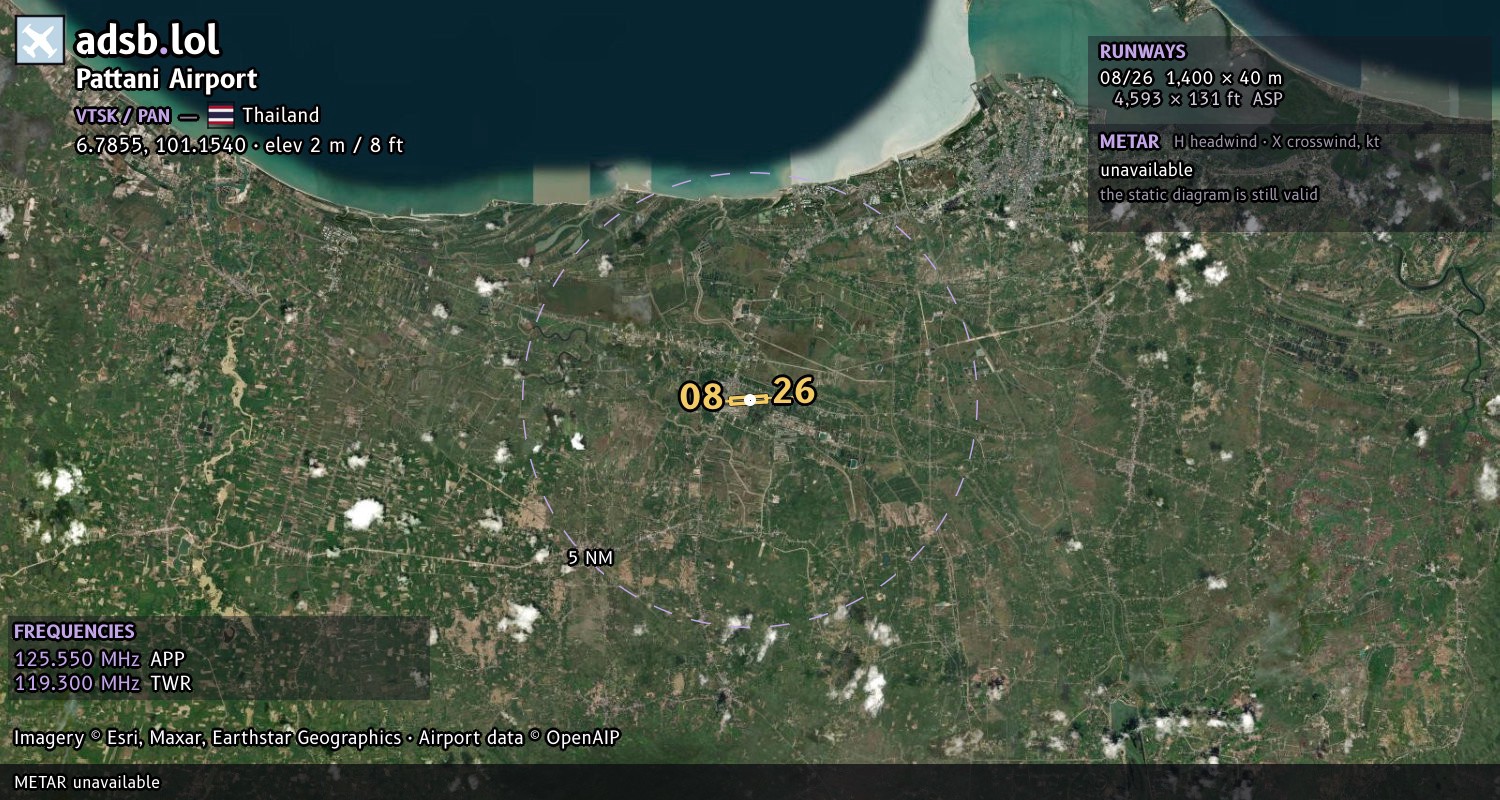 Satellite map with the runway layout of Pattani Airport (VTSK)