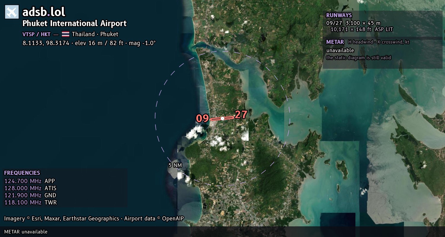Satellite map with the runway layout of Phuket International Airport (VTSP)