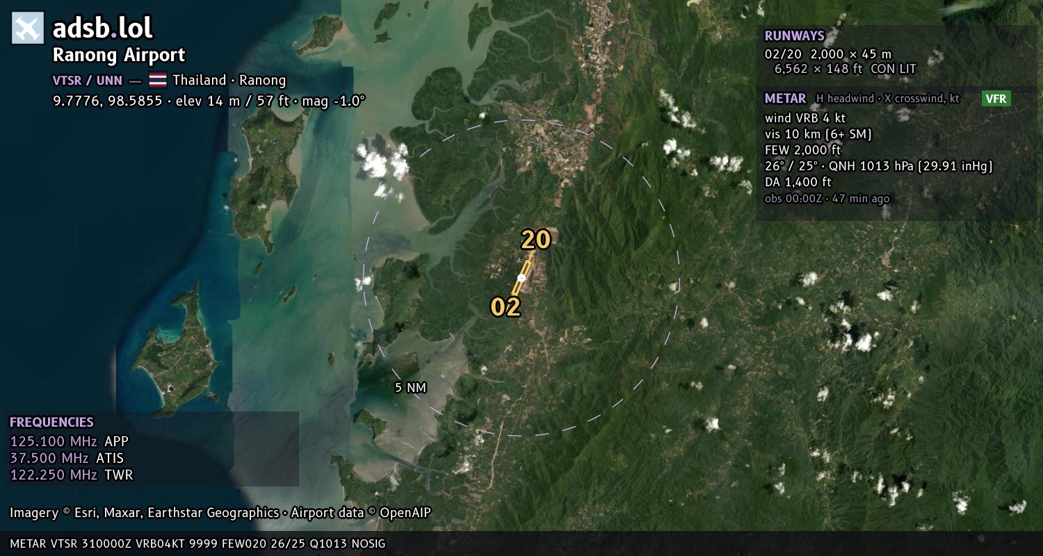 Satellite map with the runway layout of Ranong Airport (VTSR)