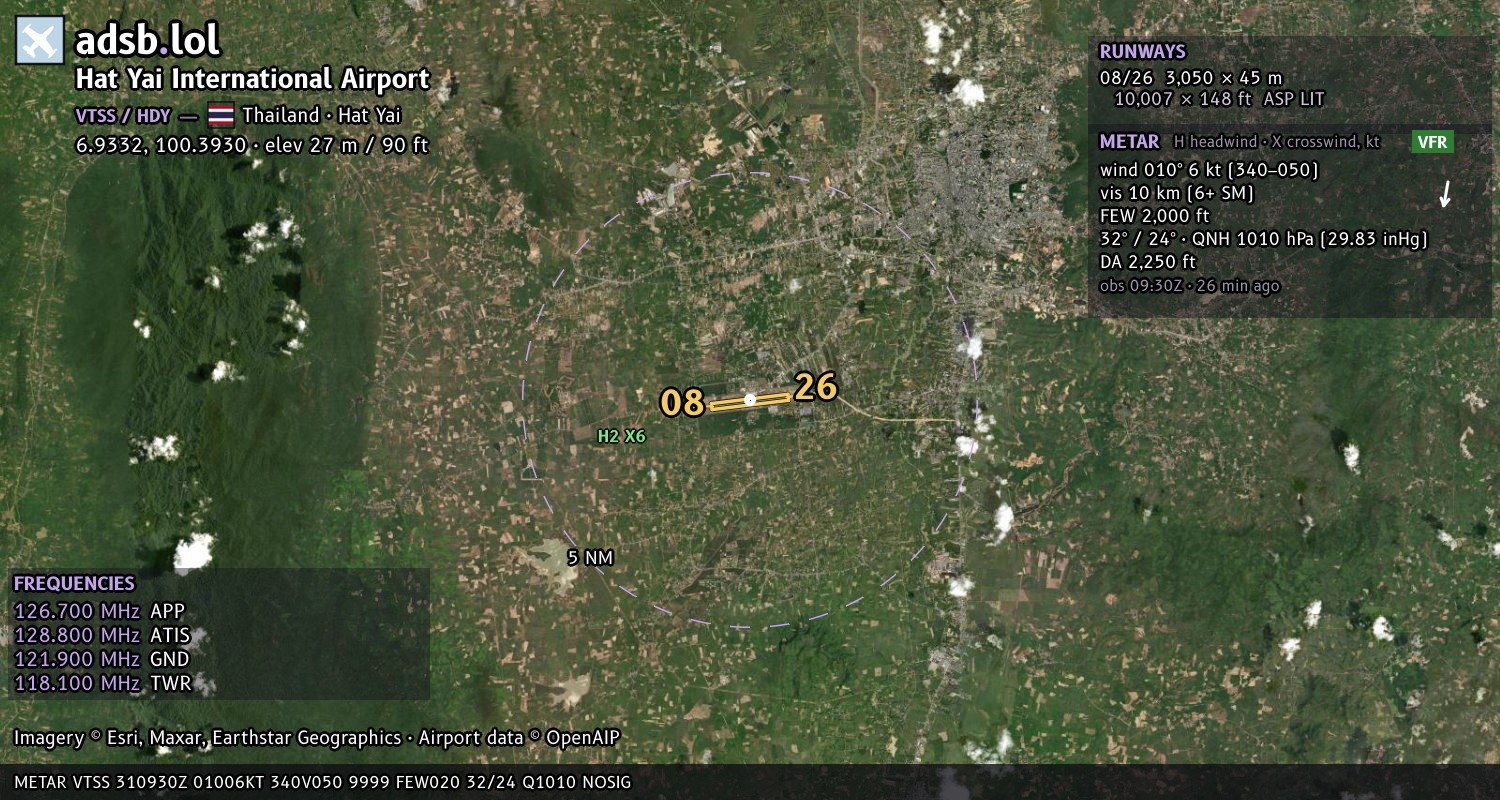 Satellite map with the runway layout of Hat Yai International Airport (VTSS)