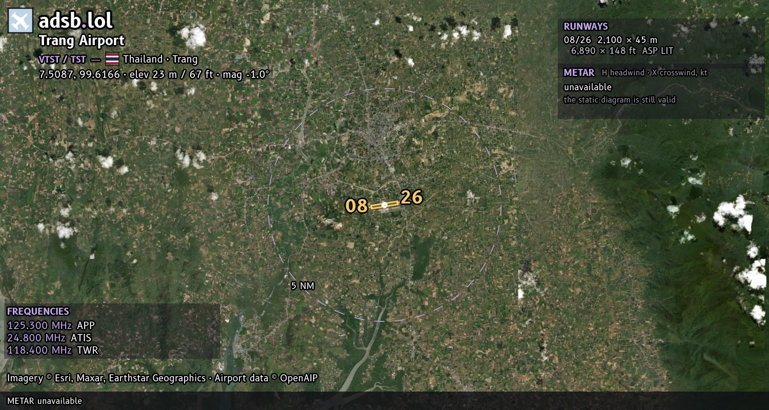 Satellite map with the runway layout of Trang Airport (VTST)