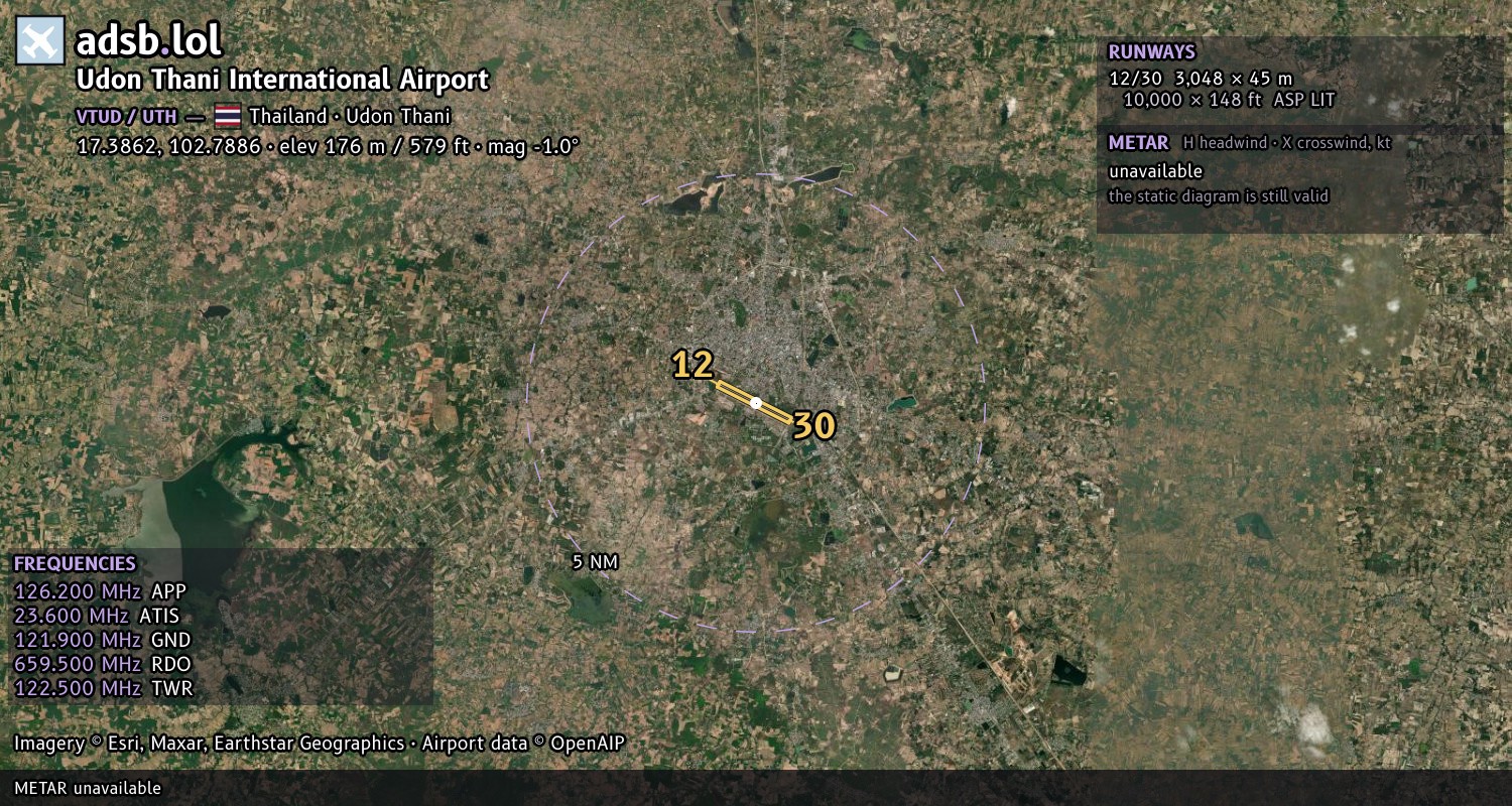 Satellite map with the runway layout of Udon Thani International Airport (VTUD)