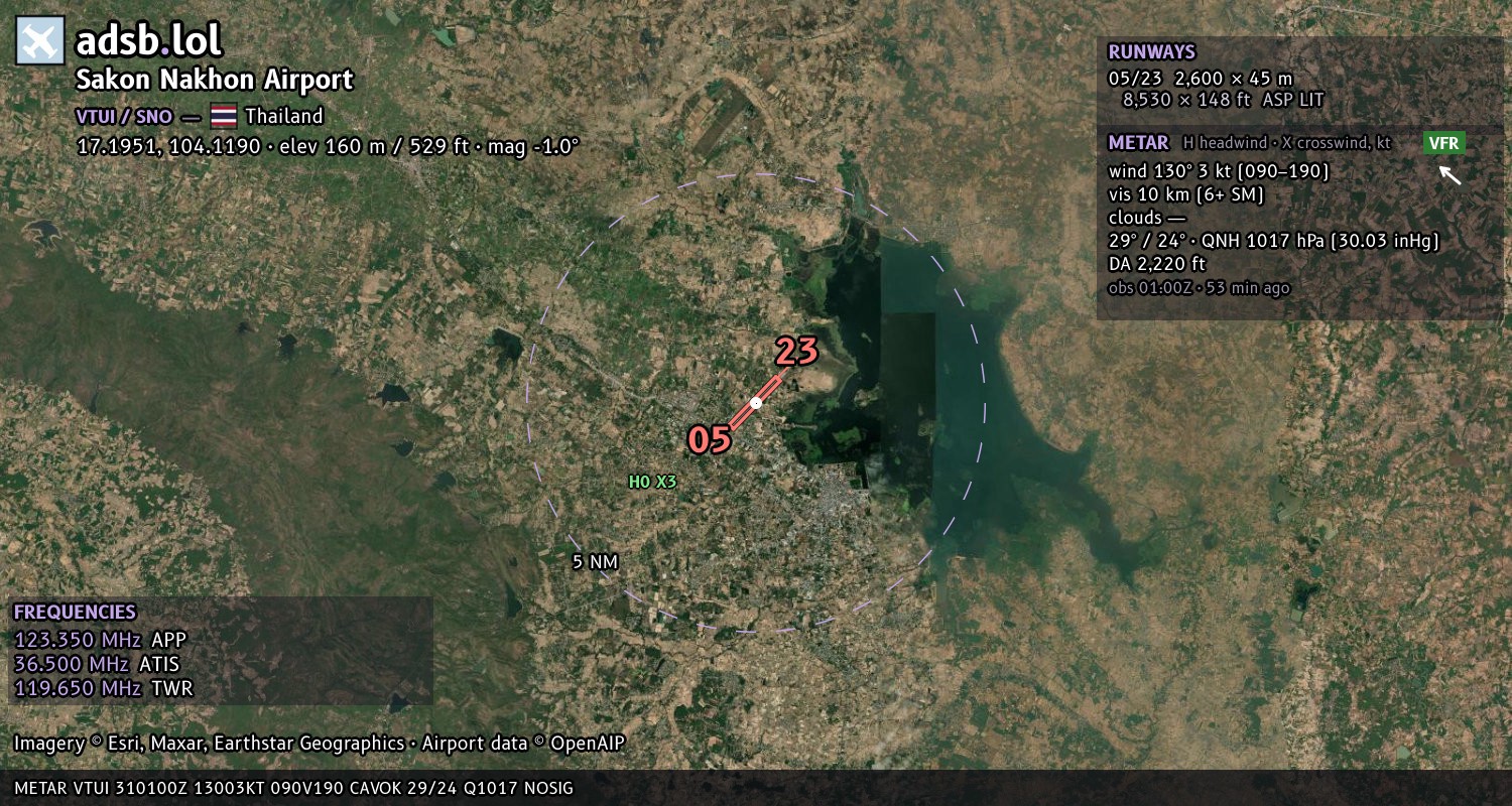 Satellite map with the runway layout of Sakon Nakhon Airport (VTUI)