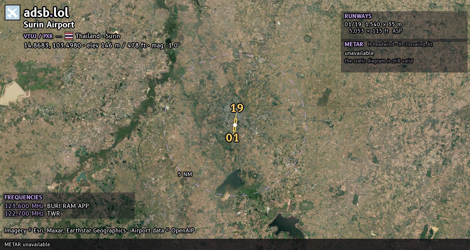 Satellite map with the runway layout of Surin Airport (VTUJ)