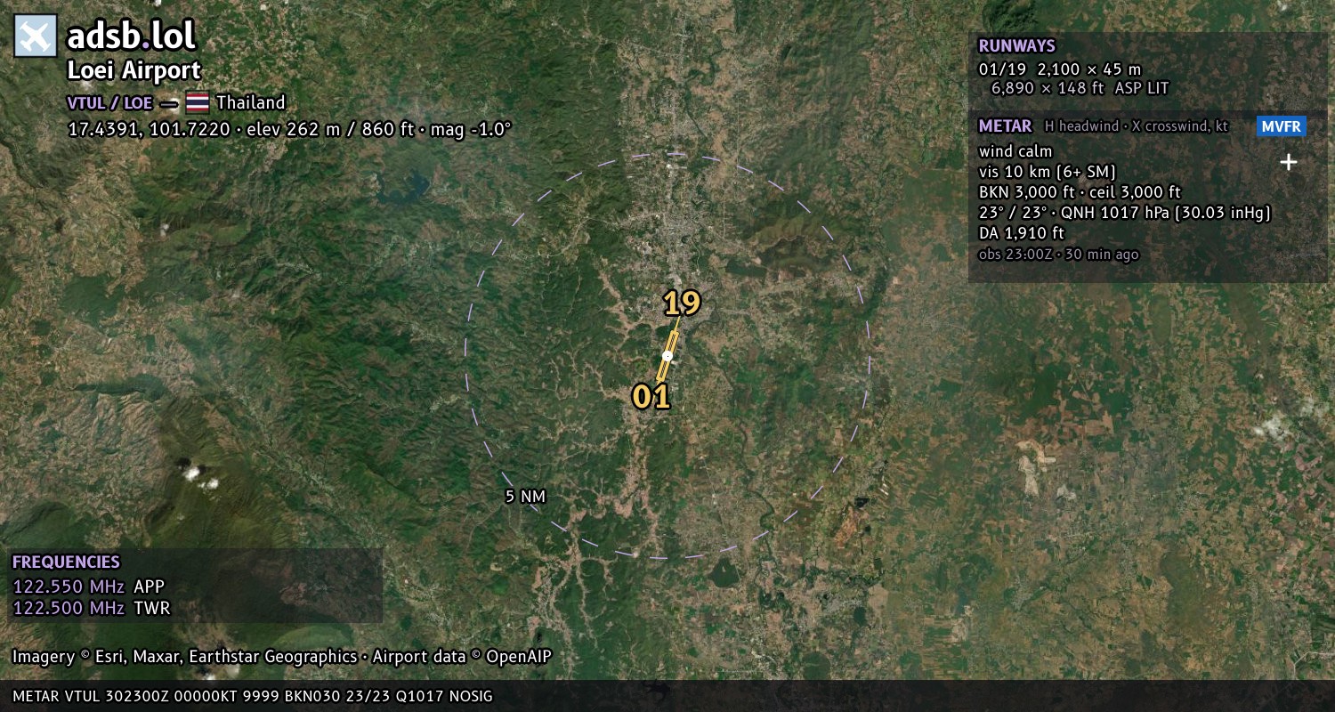 Satellite map with the runway layout of Loei Airport (VTUL)