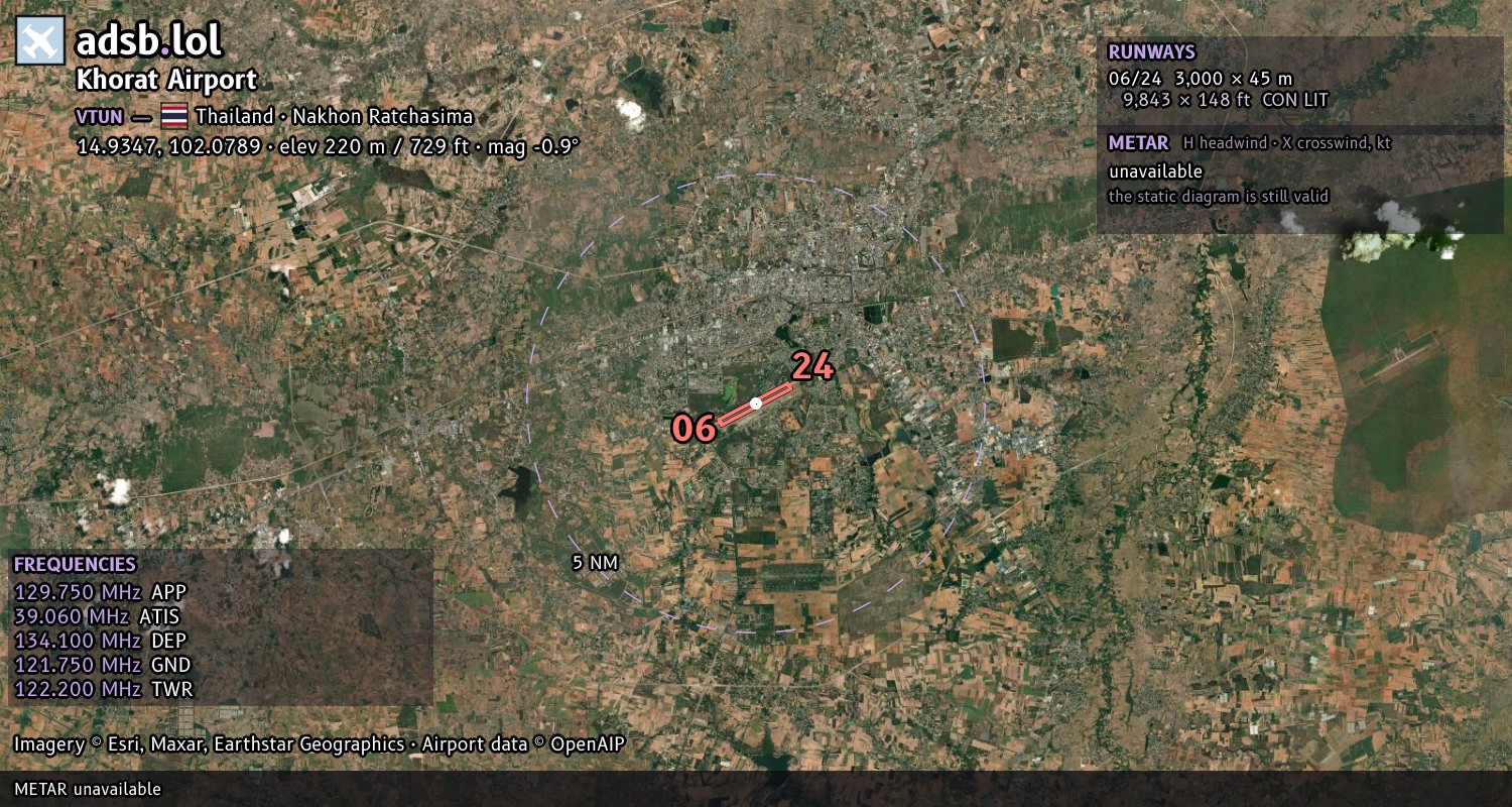 Satellite map with the runway layout of Khorat Airport (VTUN)