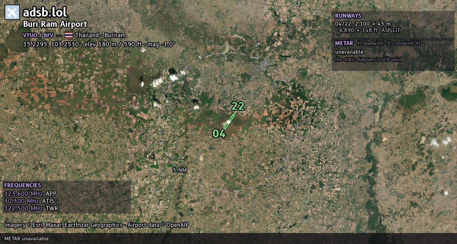 Satellite map with the runway layout of Buri Ram Airport (VTUO)