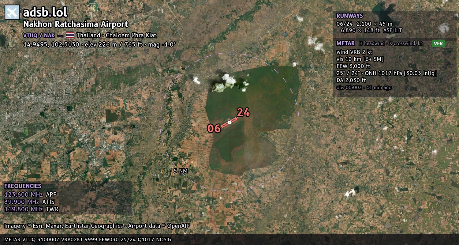 Satellite map with the runway layout of Nakhon Ratchasima Airport (VTUQ)
