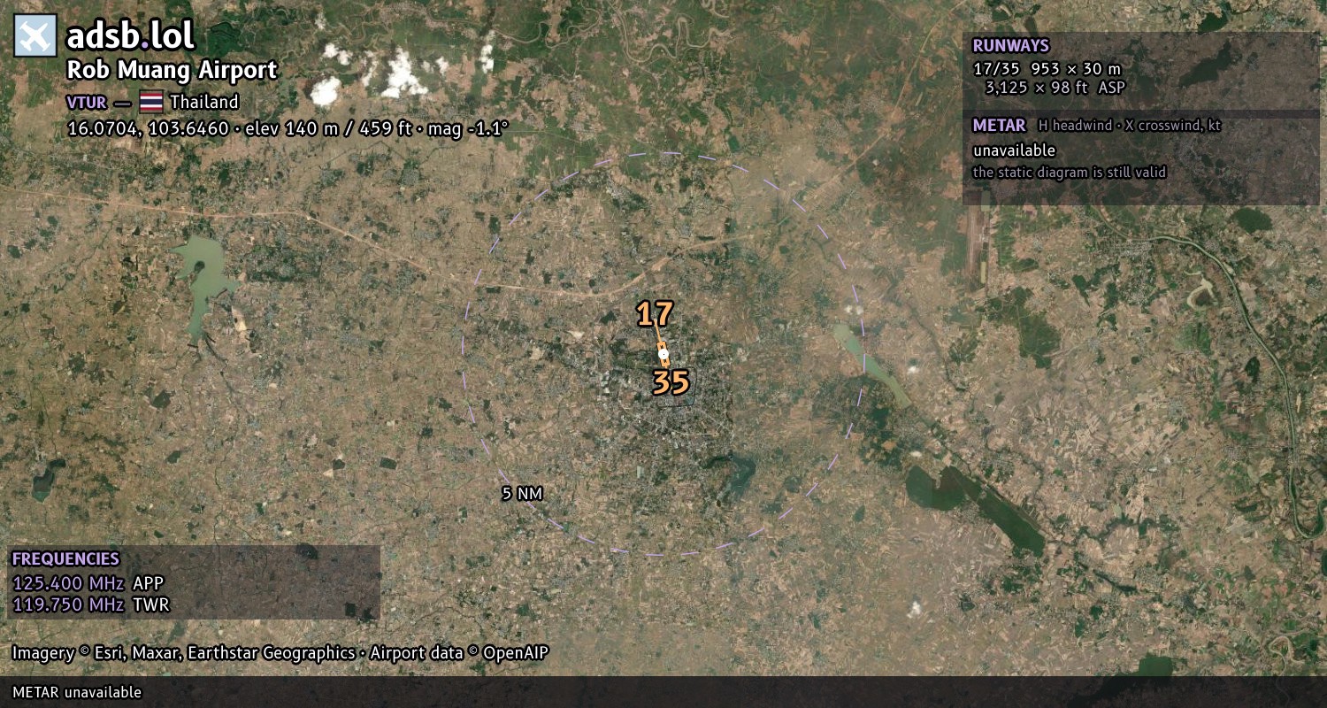 Satellite map with the runway layout of Rob Muang Airport (VTUR)