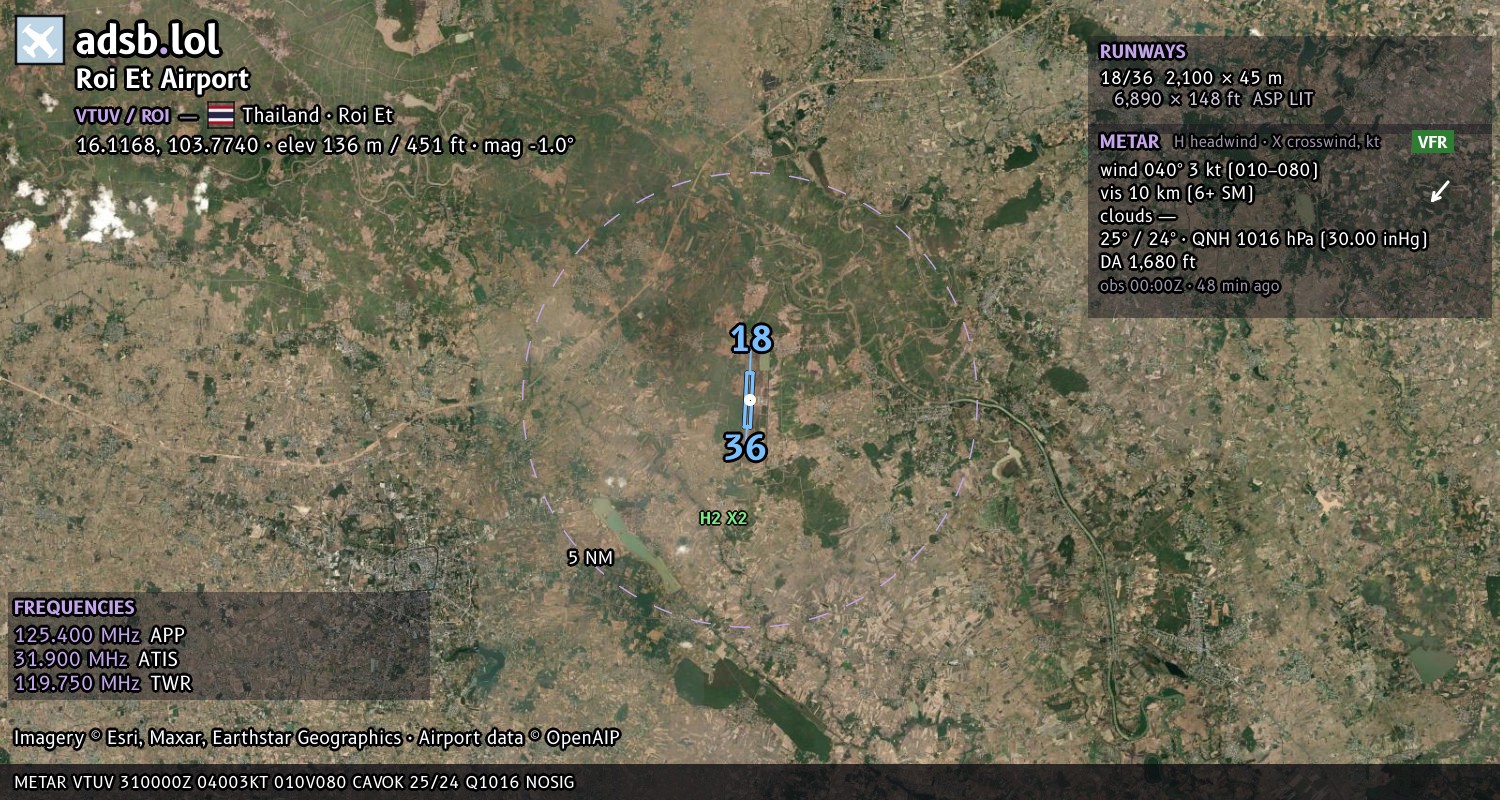 Satellite map with the runway layout of Roi Et Airport (VTUV)