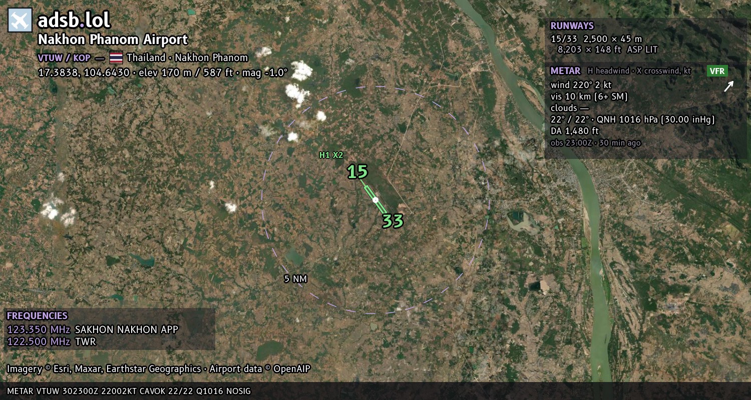 Satellite map with the runway layout of Nakhon Phanom Airport (VTUW)