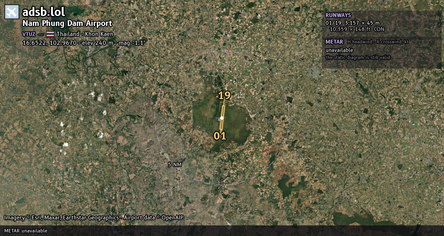 Satellite map with the runway layout of Nam Phung Dam Airport (VTUZ)