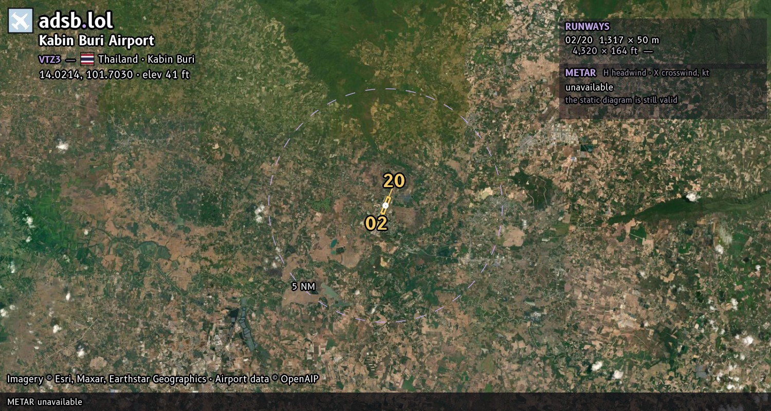 Satellite map with the runway layout of Kabin Buri Airport (VTZ3)