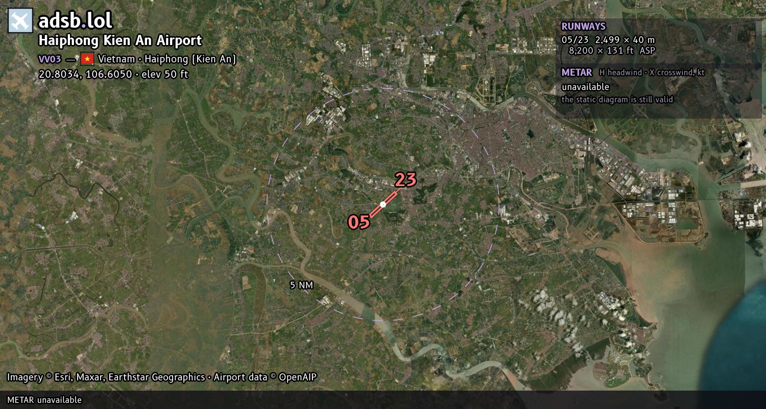 Satellite map with the runway layout of Haiphong Kien An Airport (VV03)