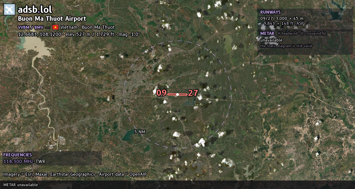 Satellite map with the runway layout of Buon Ma Thuot Airport (VVBM)