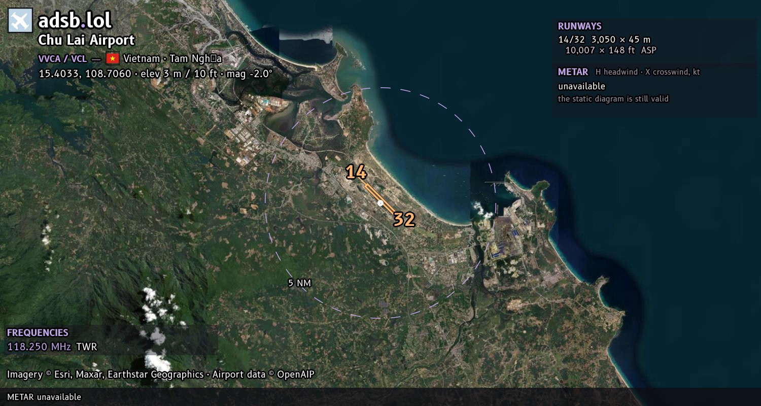 Satellite map with the runway layout of Chu Lai Airport (VVCA)