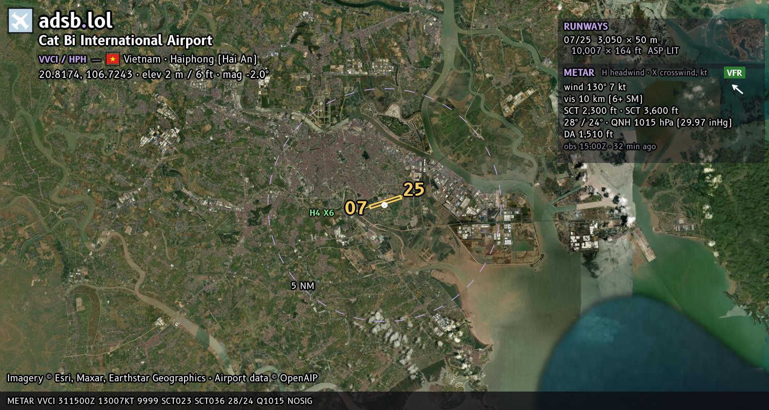 Satellite map with the runway layout of Cat Bi International Airport (VVCI)