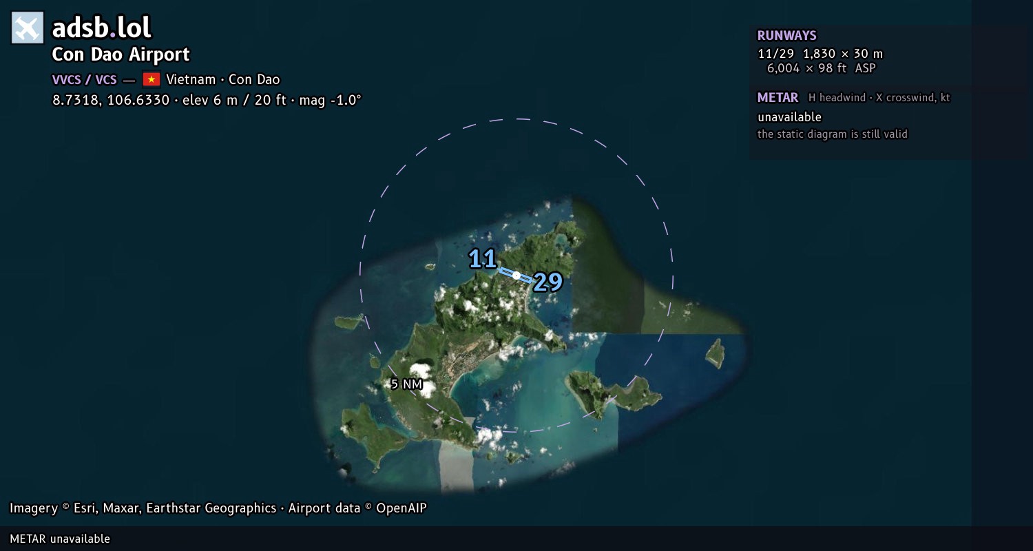 Satellite map with the runway layout of Con Dao Airport (VVCS)