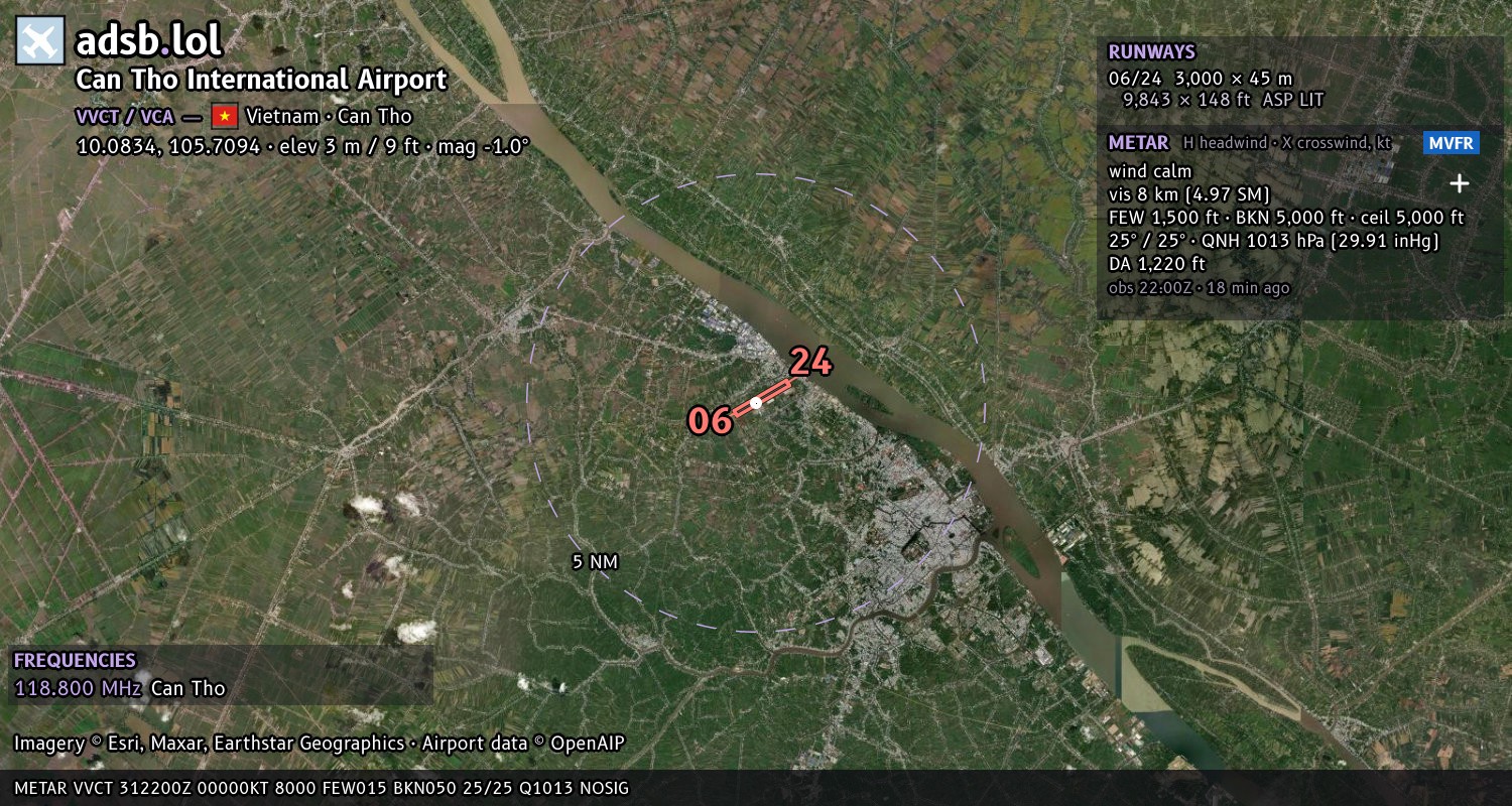 Satellite map with the runway layout of Can Tho International Airport (VVCT)