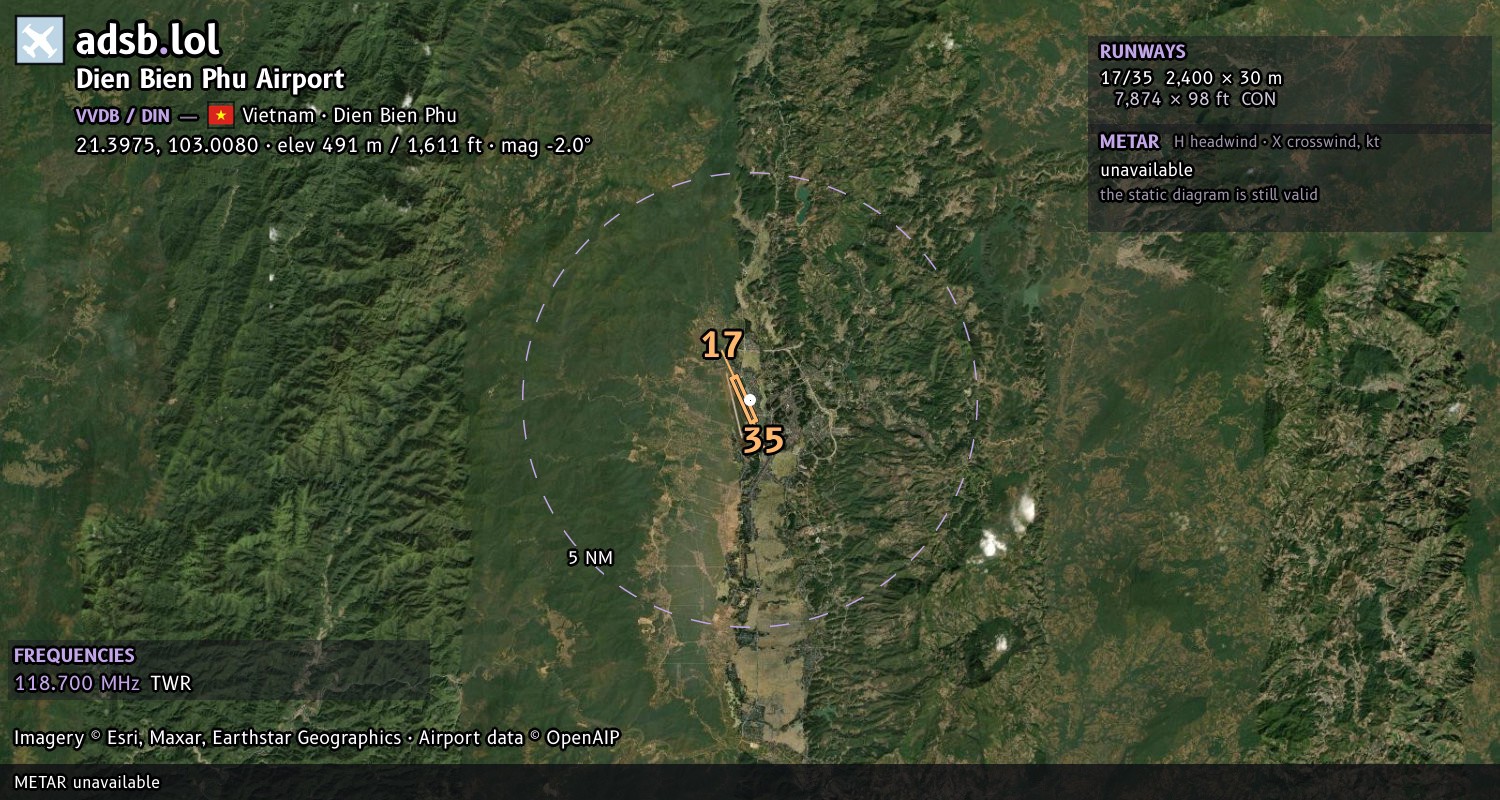 Satellite map with the runway layout of Dien Bien Phu Airport (VVDB)