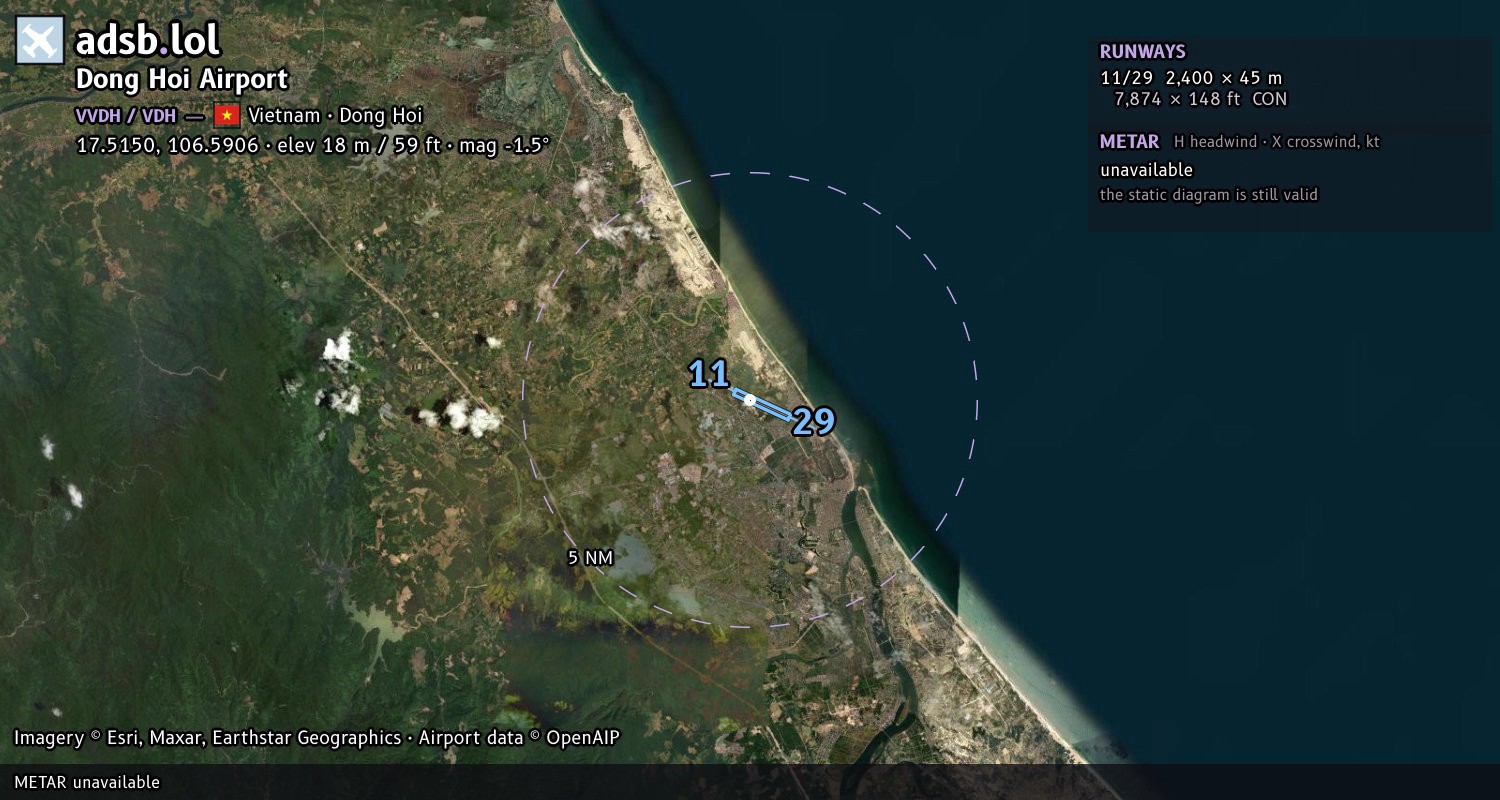Satellite map with the runway layout of Dong Hoi Airport (VVDH)
