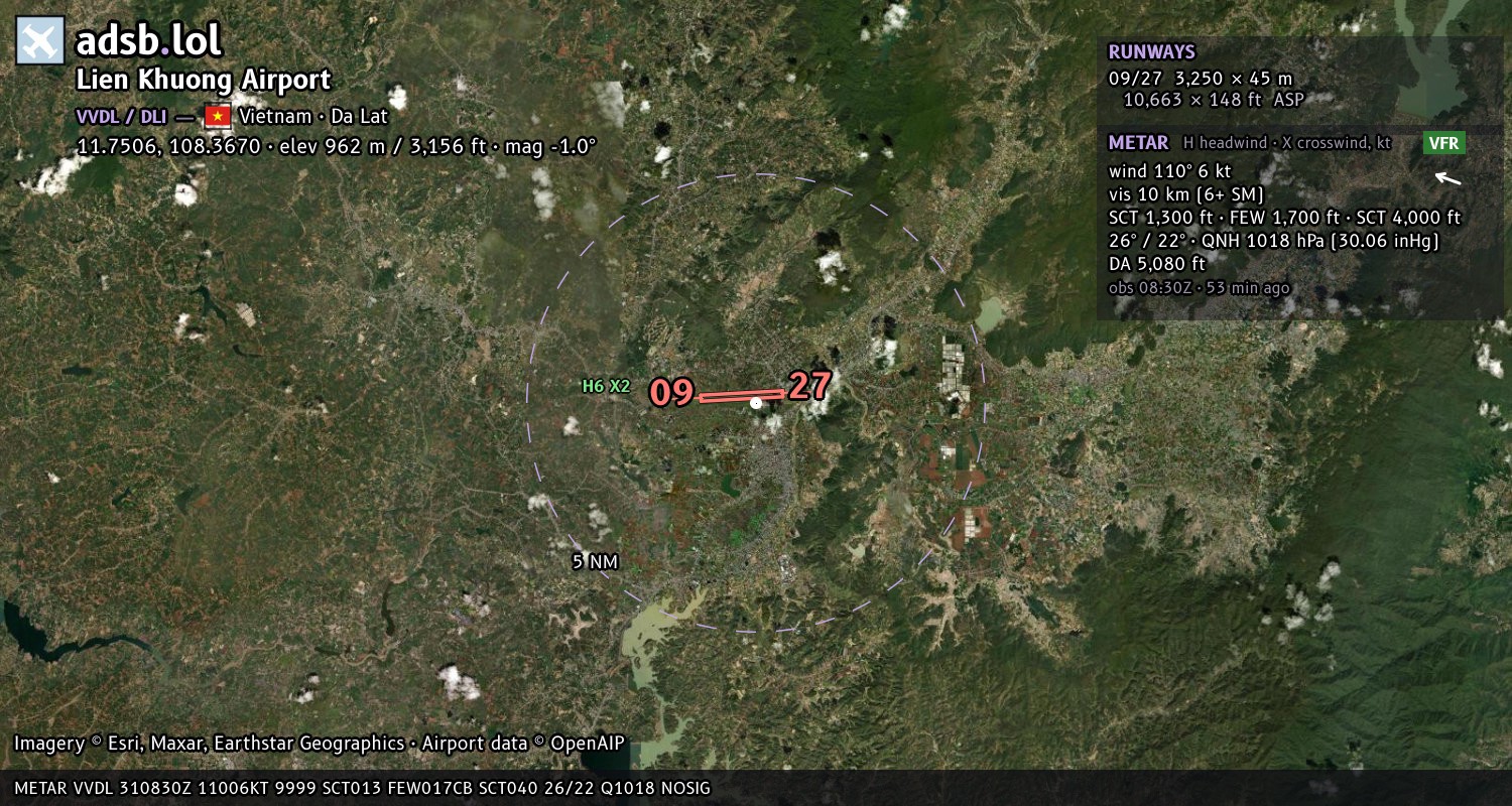 Satellite map with the runway layout of Lien Khuong Airport (VVDL)