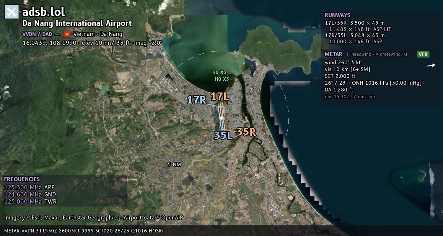 Satellite map with the runway layout of Da Nang International Airport (VVDN)