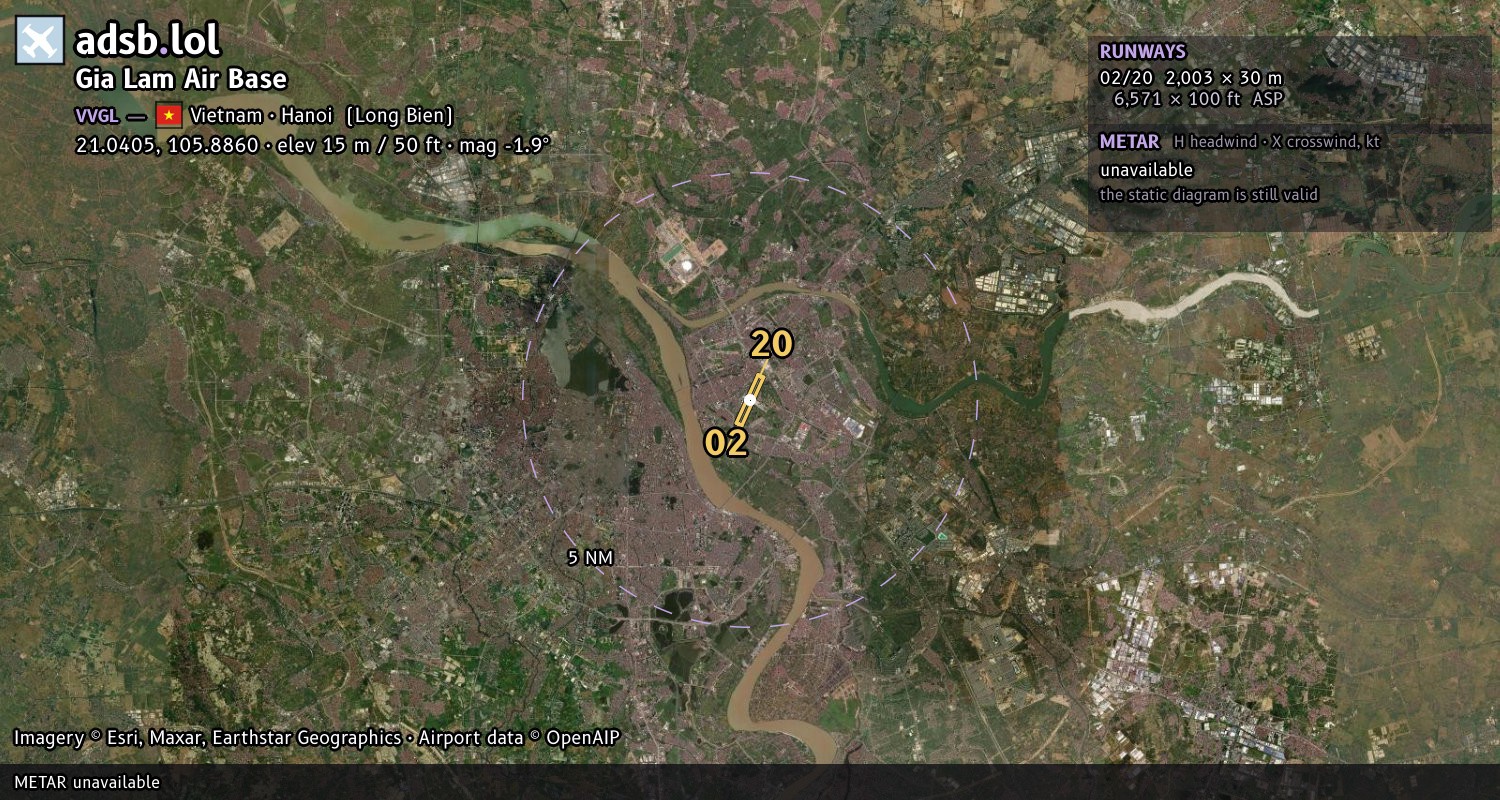 Satellite map with the runway layout of Gia Lam Air Base (VVGL)