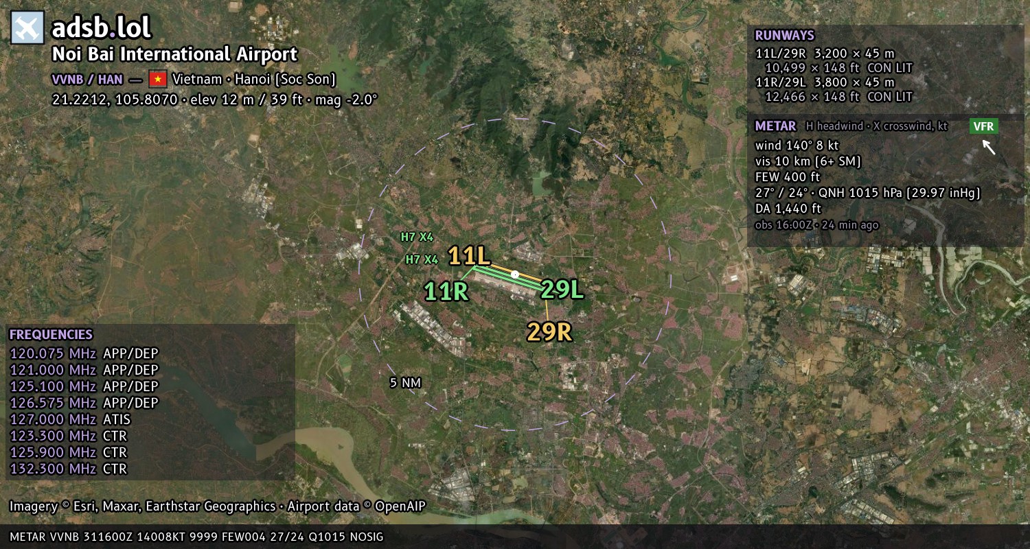 Satellite map with the runway layout of Noi Bai International Airport (VVNB)