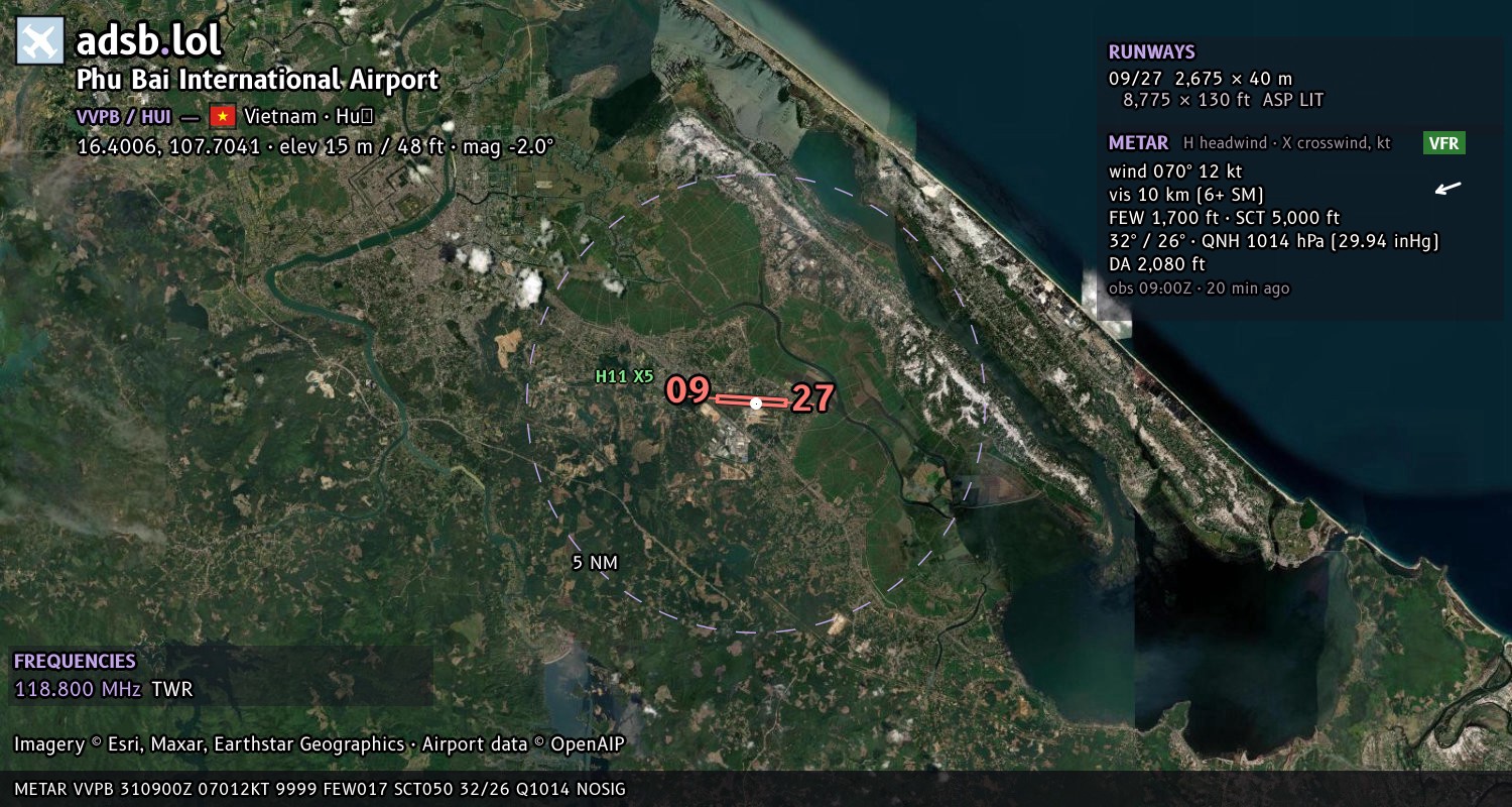 Satellite map with the runway layout of Phu Bai International Airport (VVPB)