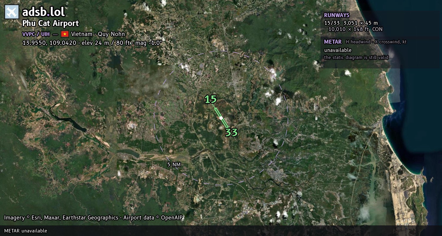 Satellite map with the runway layout of Phu Cat Airport (VVPC)