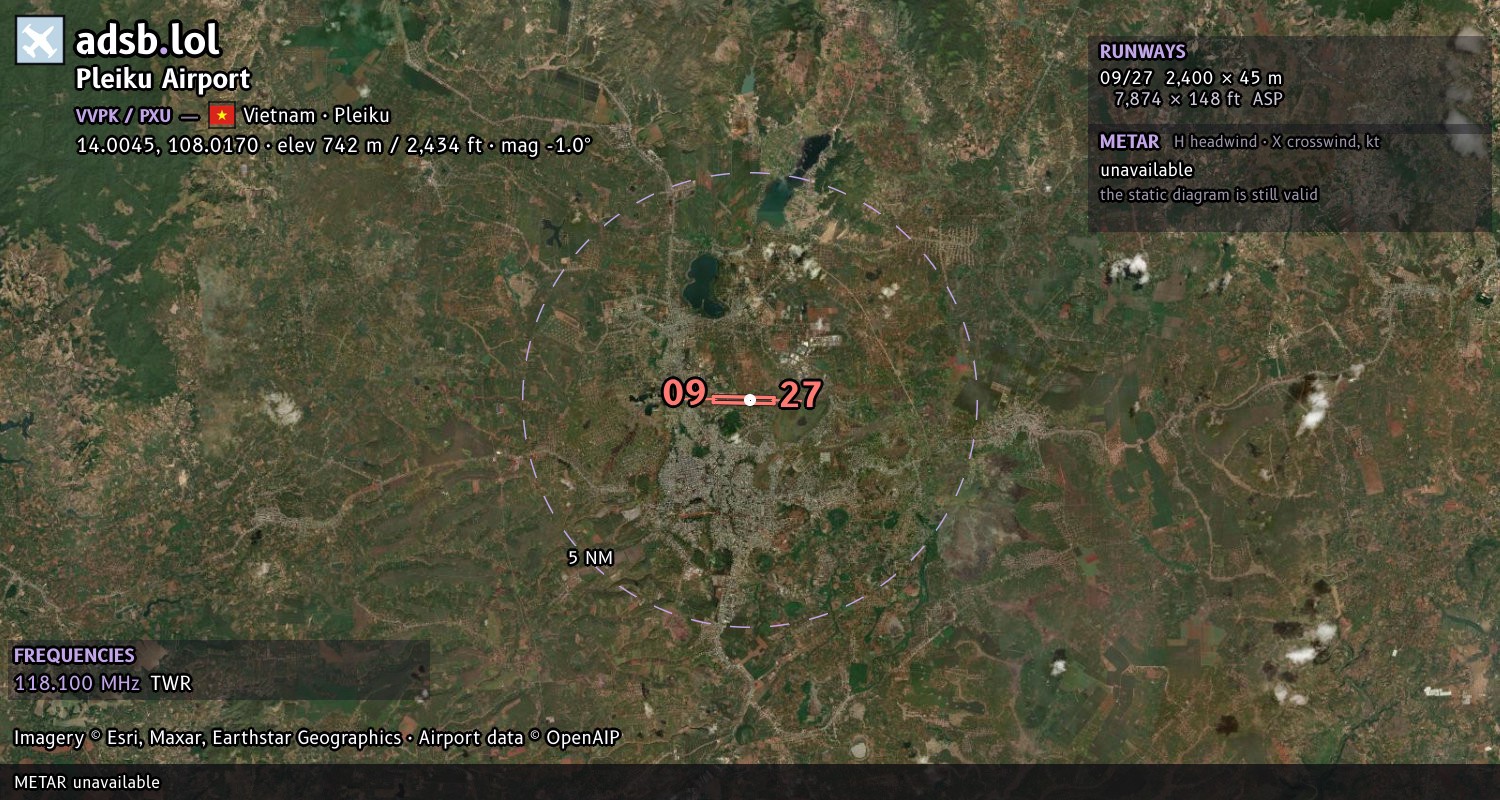 Satellite map with the runway layout of Pleiku Airport (VVPK)