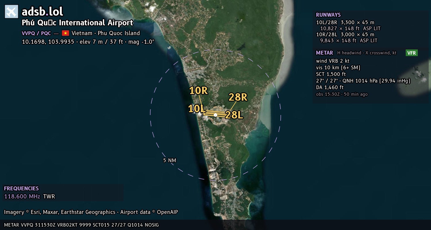 Satellite map with the runway layout of Phú Quốc International Airport (VVPQ)