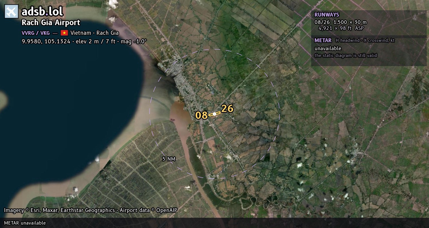 Satellite map with the runway layout of Rach Gia Airport (VVRG)