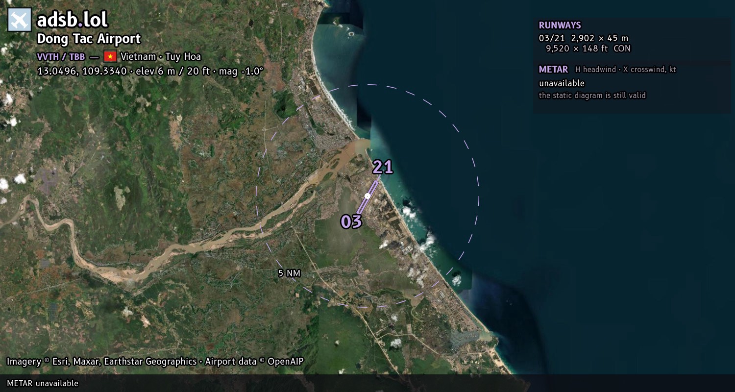 Satellite map with the runway layout of Dong Tac Airport (VVTH)