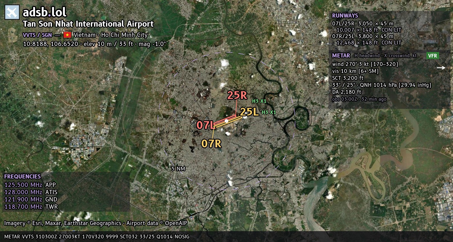 Satellite map with the runway layout of Tan Son Nhat International Airport (VVTS)