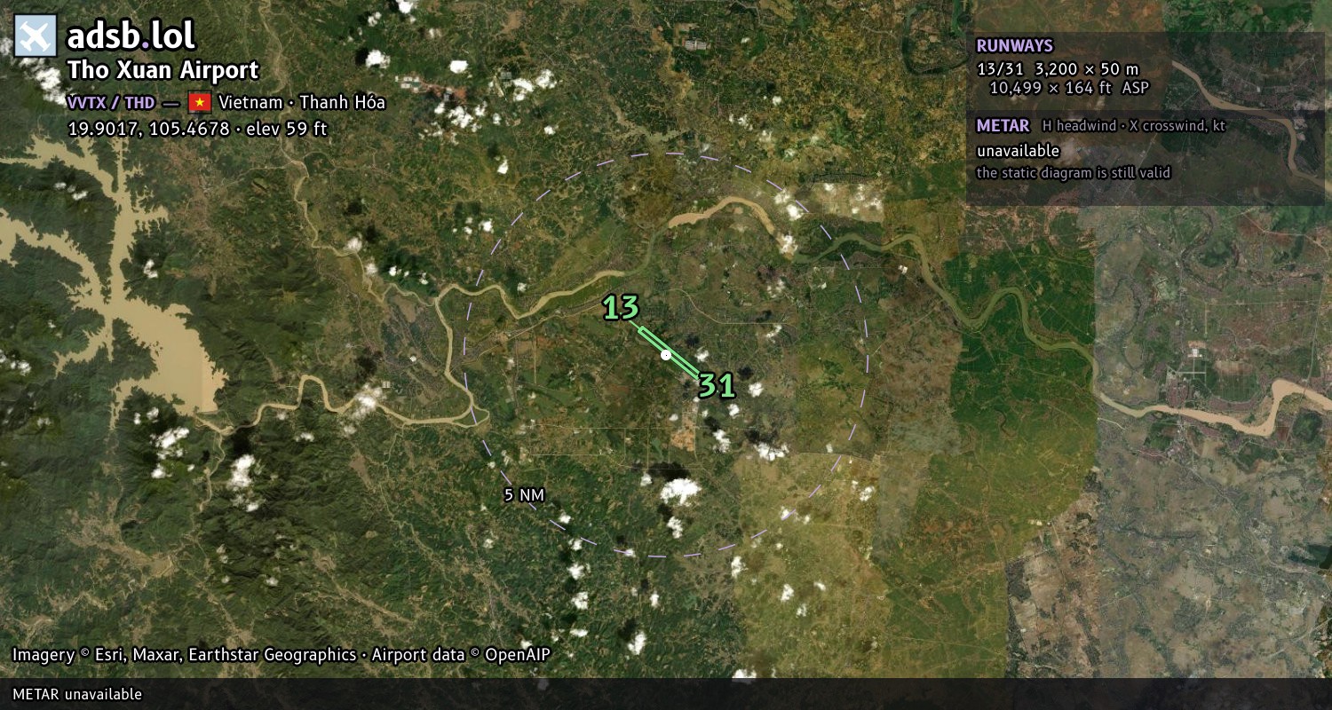 Satellite map with the runway layout of Tho Xuan Airport (VVTX)