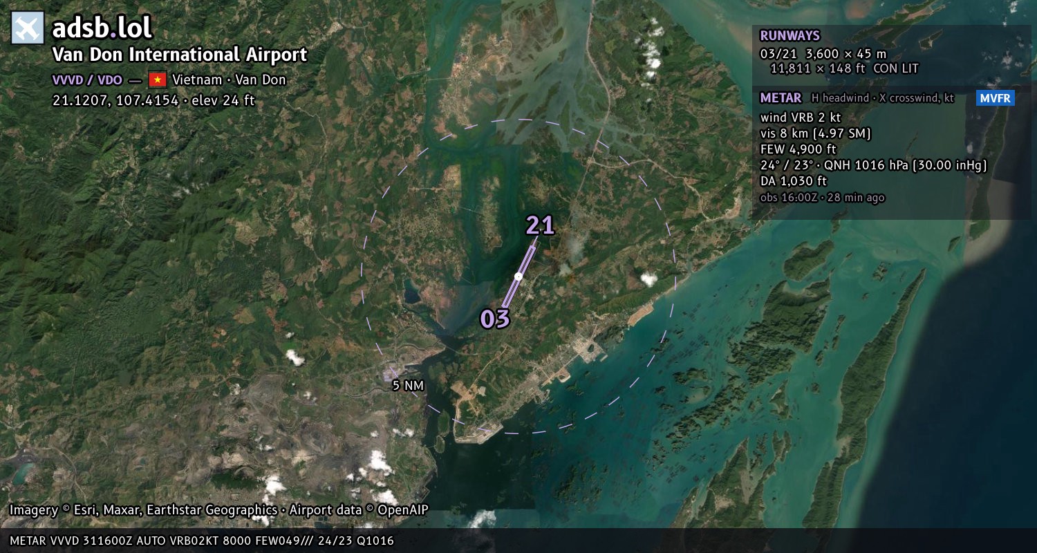 Satellite map with the runway layout of Van Don International Airport (VVVD)